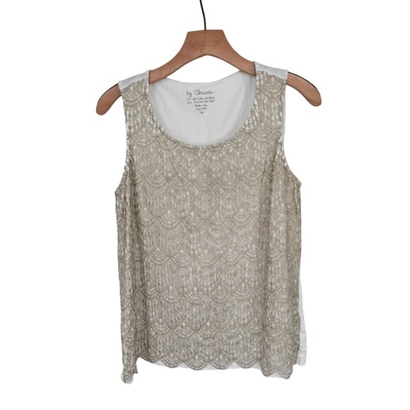 Chicos 1 gold lace  Overlay Tank Top Size medium sleeveless womens knit - Picture 1 of 8